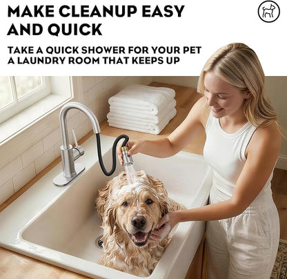 High Arc Pull Out Sprayer Bathroom Faucet,Brushed Nickel Single Handle Pull Down Faucet with Pop-Up Drain,1 or 3 Hole 2 Model RV Bar Laundry Utility Sink Faucet with Deck Plate, WE08CL-ZY-BN