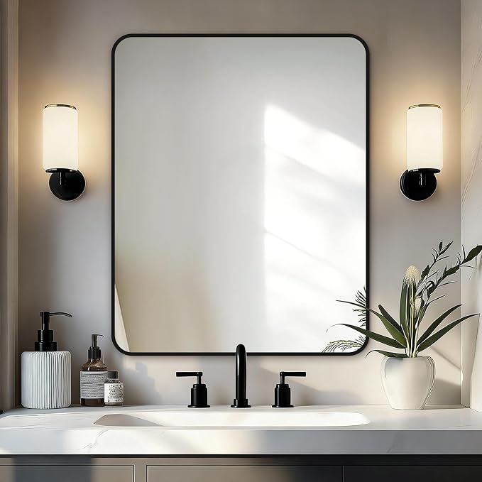 Bathroom Vanity Mirror, Black Framed Mirror for Over Sink, 30x24 | HD glass, distortion-free for makeup and grooming, Sturdy frame, all mounting hardware, hangs horizontal or vertical