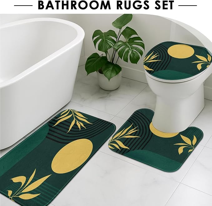Bathroom Sets with Shower Curtain and Rugs 4 Pcs, Boho Geometric | Minimalist Midcentury Abstract Bathroom Decor Set with Toilet Lid Cover, Non-Slip Bath Mats and Accessories 12 Hooks