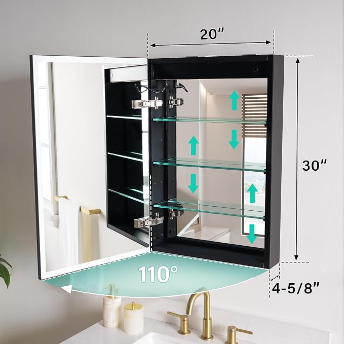 WELLFOR 20" X 30" LED Mirrored Medicine Cabinet, Medicine Cabinets with Lights for Bathroom, Defogging Function Mirror Cabinet, Bathroom Medicine Cabinet with USB Port & Outlet, Left Opening Doors