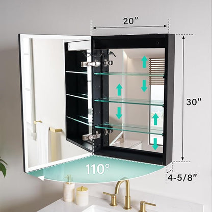 WELLFOR 20" X 30" LED Mirrored Medicine Cabinet, Medicine Cabinets with Lights for Bathroom, Defogging Function Mirror Cabinet, Bathroom Medicine Cabinet with USB Port & Outlet, Left Opening Doors