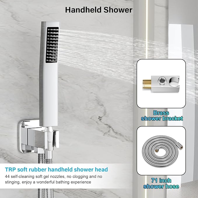 FPXRNG Shower Faucet Set Bathroom Square Rain Shower Head and Handle Set, Wall Mounted Shower Fixtures, Full Metal Trim Repair Kit 10 inch Polished Chrome (With Shower Valve)