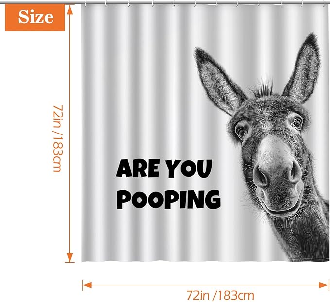 Aimego Funny Donkey are You Pooping Shower Curtain Novelty Hilarious Whimsical Rustic Farmhouse Black and White Bathroom Bath Decor Bathtub Curtain Fabric Shower Curtain Set with 12 Hooks, 72"x72"