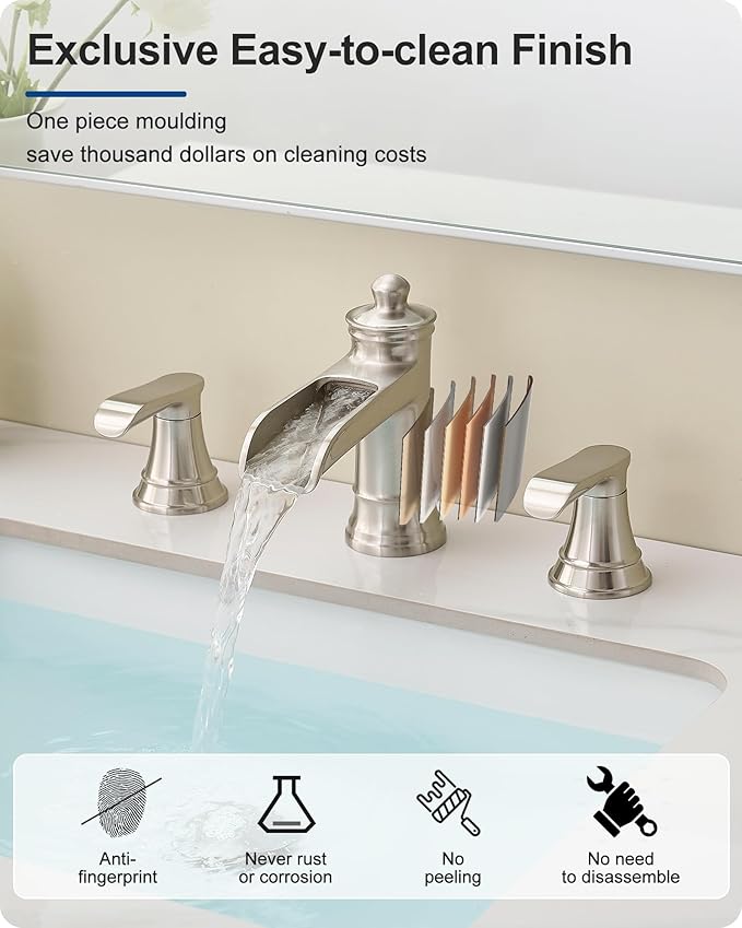 4-16 Inch Brushed Nickel Bathroom Faucet Waterfall, Brass Bathroom Sink Faucet 3 Hole 2 Handles Widespread with Pop-up Drain & Supply Hose for Vanity, Lavatory, Farmhouse Sink
