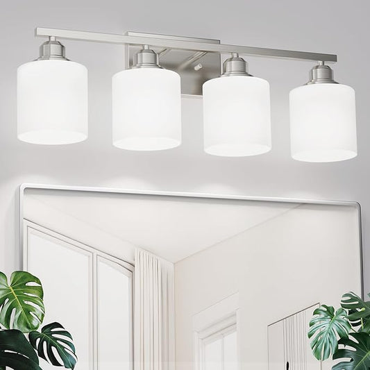 Sailstar 4-Light Bathroom Light Fixtures Over Mirror, Glass Shade & Anti-Rust Nickel Finished,Brushed Nickel Vanity Lights, Modern Bathroom Vanity Light, Bathroom Light for Small Space