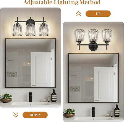 Crystal Bathroom Light Fixtures Over Mirror, Black 3-Light Bathroom Vanity Lights Over Mirror Modern Wall Lighting Sconces with Ceramic E26 Base (Bulbs Not Include)