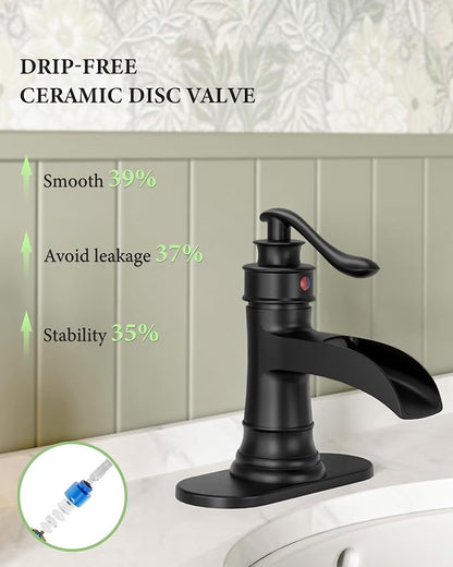 Black Bathroom Faucet Matte Waterfall Sink Farmhouse Vanity Single Hole | Faucets One Handle Basin Antique centerset with Pop Up Drain Stopper Mixer Tap Overflow Supply Line by Homevacious