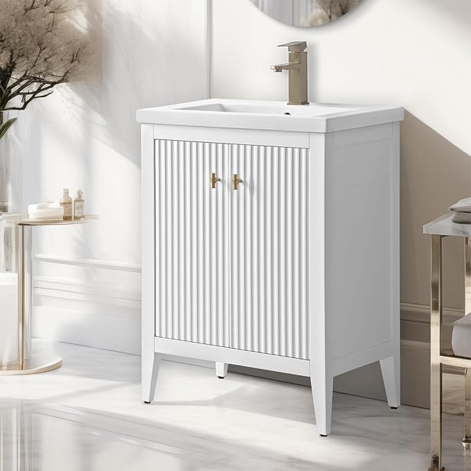 Vanity Art 24 inch Bathroom Vanity with Single Sink & Ceramic Top, Vanity Cabinet with Soft-Closing Door, Solid Wood Frame, Linear Pattern, White, Golden Brushed Handware VA9124-W-GB