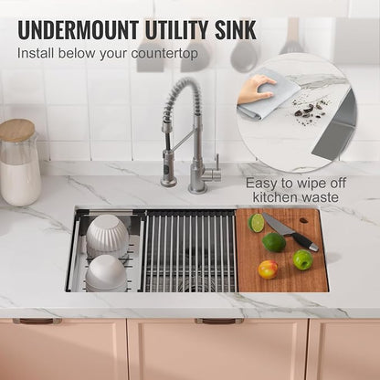 VEVOR 32 inch Kitchen Single Sink, 304 Stainless Steel Undermount Sink Drop-In Single Bowl Farmhouse Basin with Ledge & Multiple Accessories, Household Dishwasher Sinks for Prep Kitchen, Bar 32"*19"