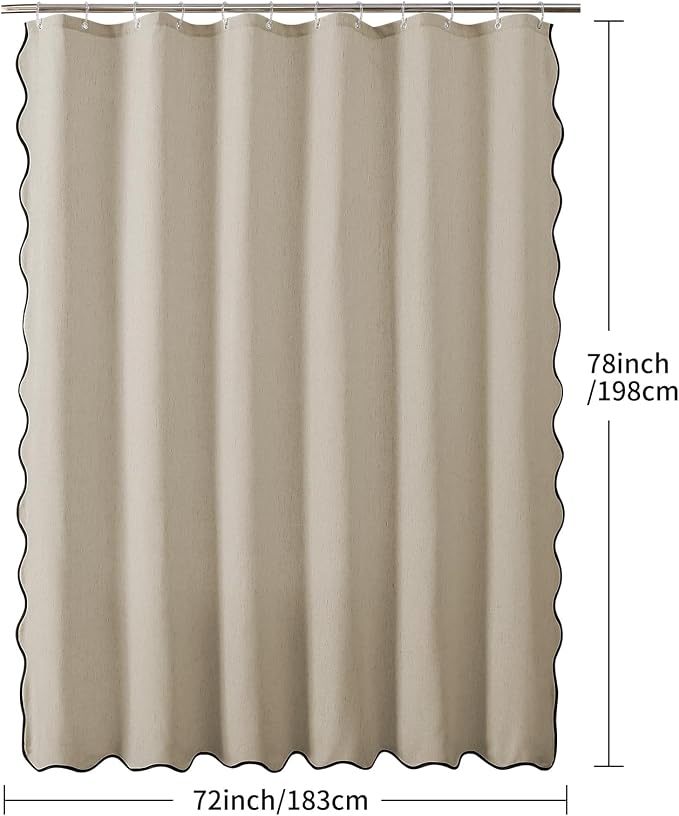 Linen Scallop Shower Curtain with 12 Clear Hooks, Waterproof, 72x78, Beige | Heavy Duty Waterproof Fabric with Black Border, Cute Modern Farmhouse Bathroom Décor