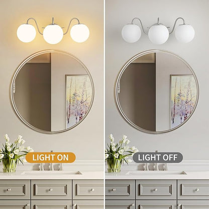 3 Lights Vintage Bathroom Vanity Light Fixtures Over Mirror, Brushed Nickel Vanity Lights For Bathroom With Milk White Glass Globe Shade, Wall Lights For Bedroom, Hallway, Dressing Table(G9 Incl.)