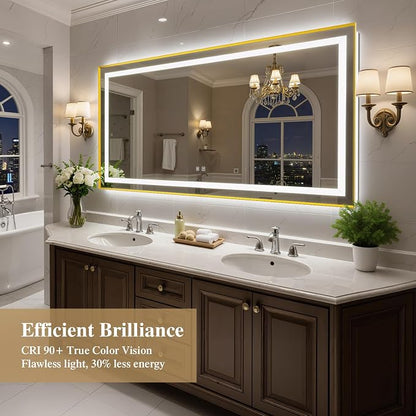 72X36 Inch LED Bathroom Mirror with Lights, Gold Frame Frontlit+ Backlit Bathroom Vanity Mirror for Wall, Ultra-Clear Tempered Glass, Shatter-Proof, Anti-Fog and Memory Function, ETL Listed | Bathroom Vanity Mirror for Wall, Ultra-Clear Tempered Glass,...