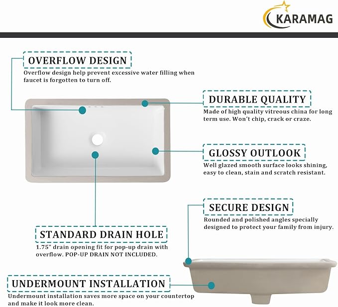 24 Inch Undermount Bathroom Sink Rectangle Undermount Sink White Ceramic Under Counter Bathroom Sinks with Overflow (23.8"x13.8")