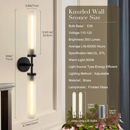 30" 2 Lights Hardwired Frosted Glass Bathroom Wall Sconces, Handmade Knurled Black Wall Light Fixture,Modern Vanity Light for Living Room,Hallway, Bedroom, Indoor Wall Lamp, Bulb Included