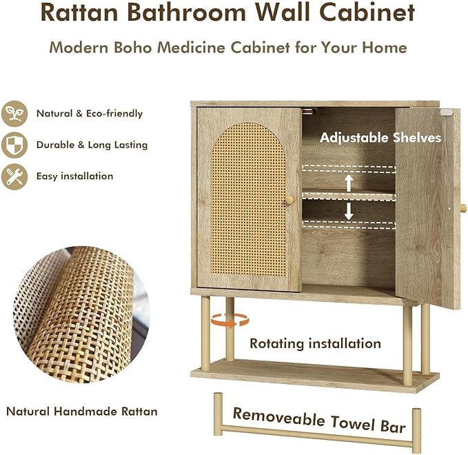 RUSTOWN Rattan Bathroom Wall Cabinet, Modern Boho Medicine Cabinet with Two Arched Rattan Doors, Over The Toilet Storage Cabinet with Adjustable Shelf and Towel Bar for Bathroom (Natural,Medium)