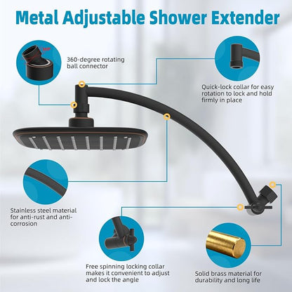 Rain Shower Head with 12" Metal Extension Arm, 10" High-Pressure Showerhead | Oil Rubbed Bronze, Boosting Rainfall/Fixed Showerhead, Shower Head Extender Adjustable Height/Angle, 1-Min Easy to Install