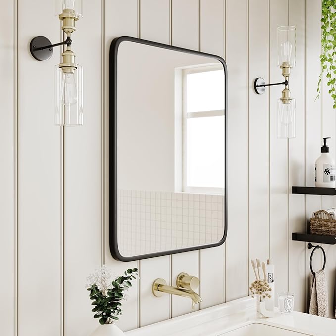 Vintage-Style Bathroom Wood Black Cabinet with 16.5''x24'' Black Metal Frame Curved Mirror, Recessed Medicine Cabinet, in Wall or Surface Mount Bathroom Storage Cabinet