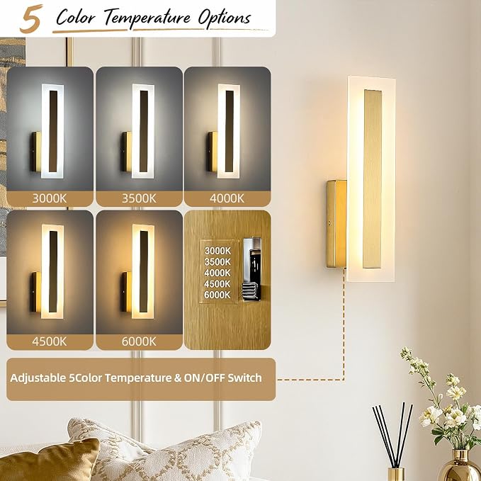 Hardwired Wall Sconces Set of 2 Dimmable Modern Gold LED Wall Light | 14Inch Modern Bathroom Vanity Light 3000K 3500K 4000K 5000K 6000K, Indoor Wall Lights for Bedroom, Living Room,Hallway