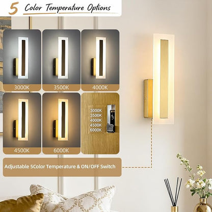 Hardwired Wall Sconces Set of 2 Dimmable Modern Gold LED Wall Light | 14Inch Modern Bathroom Vanity Light 3000K 3500K 4000K 5000K 6000K, Indoor Wall Lights for Bedroom, Living Room,Hallway