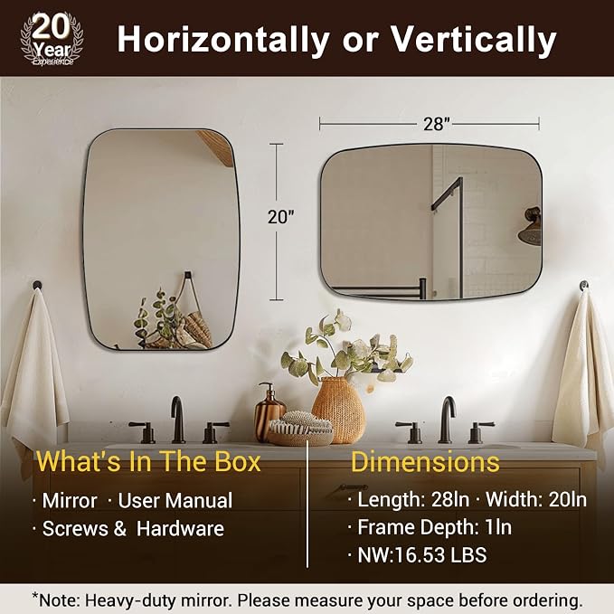 20x28 Black Bathroom Mirror, Oblong Vanity Mirror with Stainless Steel Metal Frame, Matte Black Mirror for Over Sink, Modern Anti Rust Wall Mounted
