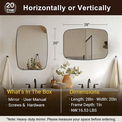20x28 Black Bathroom Mirror, Oblong Vanity Mirror with Stainless Steel Metal Frame, Matte Black Mirror for Over Sink, Modern Anti Rust Wall Mounted