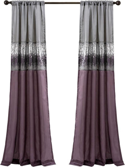Lush Decor Night Sky Window Curtain Panel, Single, 42" W x 84" L, Purple & Gray - Sequin Curtains - Sparkle & Color Block Design - Modern Glam Decor - Long Curtains For Bedroom & Living Room