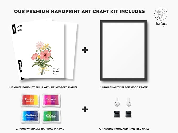 TwoDays Flower Bouquet Handprint Art Craft DIY Kit, Unique Gifts for Mom from Daughter or Son for Mother's Day Birthday Christmas, Gift for Grandma. (Floral-1, Black)