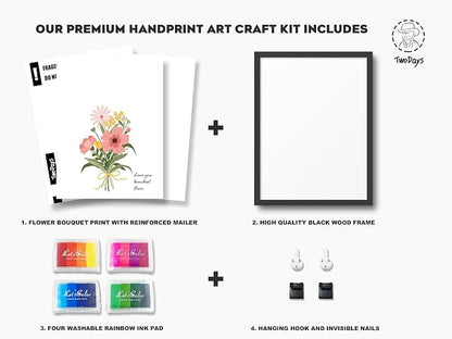 TwoDays Flower Bouquet Handprint Art Craft DIY Kit, Unique Gifts for Mom from Daughter or Son for Mother's Day Birthday Christmas, Gift for Grandma. (Floral-1, Black)