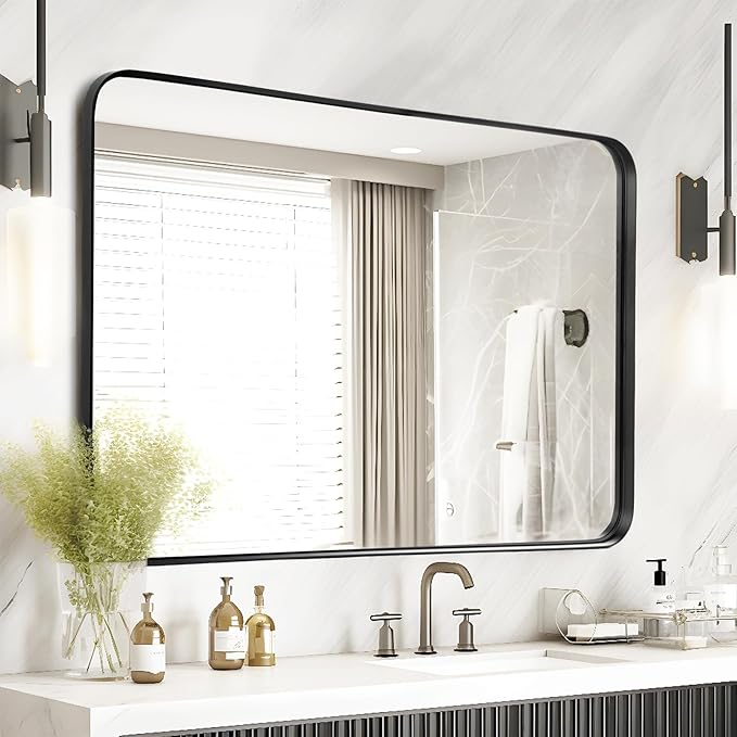 Fabuday Large Black Bathroom Mirror 40x30 Inch - Rectangular Framed Mirrors for Wall, Black Metal Mirror Wall Mounted for Bathroom, Farmhouse, Living Room, Hangs Vertically or Horizontally