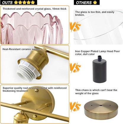 Bathroom Light Fixtures, 4-Light Brushed Gold Vanity Lights for Bathroom with Pink Tulip Glass Shade, 26" Vintage Bathroom Vanity Lighting Fixtures Over Mirror for Bedroom Living Room Hallway