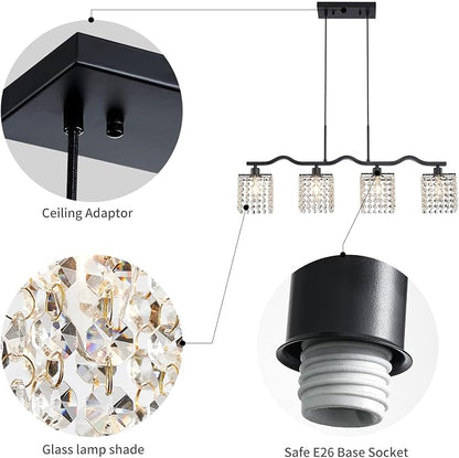 WUZUPS Crystal Chandelier 4-Light Linear Raindrop Pendant Ceiling Light Modern Lighting Fixture for Bedroom Dinning Room Bar Kitchen Island, H8.7'' W4.7'' L30.5, E12 Base, Black