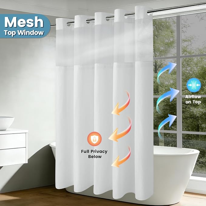 EUTXL Heavyweight No Hook Shower Curtain with Liner, White, 54x74 | Snap in Liner, Thick Waffle Fabric, Hotel Quality, Corner Magnets, Waterproof & Washable