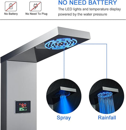 Stainless Steel Shower Panel Tower System with LED lights(No battery need), Hydroelectric LED Rainfall Shower Tower System with 6 Pcs Body Jets, Brushed Nickel