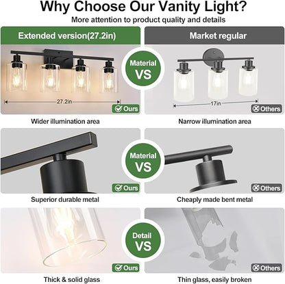 4-Light Bathroom Light Fixtures, Vanity Light with Clear Glass Shades, Matte Black Bathroom Light Fixtures Over Mirror, Modern Bathroom Wall Lamp for Mirror Living Room Cabinet Bedroom