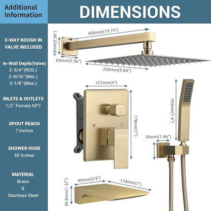 DASAN Tub Shower Faucets Sets Complete Brushed Gold Bathtub Shower System with Waterfall Tub Spout, Bathtub Faucet Set Tub and Shower Faucet Combo Trim Kit with Valve, DA-SS04BG-S10W