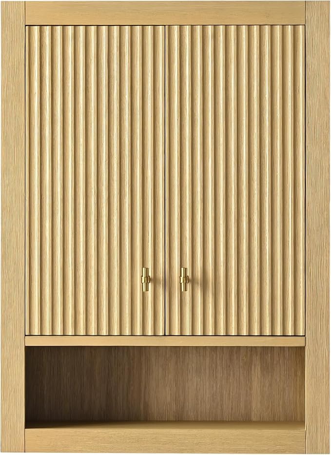 HOMEBEYOND 24 Inches Bathroom Vanity Wall Mount Storage Cabinet & Shelves, Free-Standing Vanity with Soft-Closing Doors, Golden Brushed Handware, Natural Oak