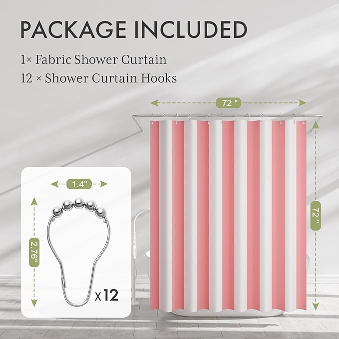 AmazerBath Pink Vertical Stripes Shower Curtain, Cute Pink Stripe Bathroom Shower Curtain with 12 Shower Curtain Hooks, Rustic Fabric Pink and White, 72x72 Inches