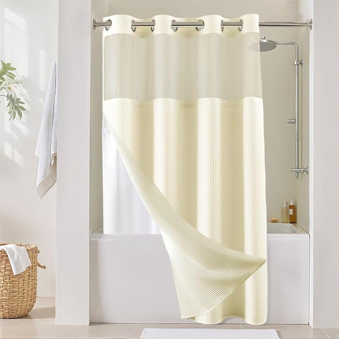 River Dream Cotton Blend Fabric Shower Curtain Set with Liner, Cream, 54x80 | Waffle Weave, No Hook Needed, with Snap in Replacement Liner, Top Sheer Window, Hotel Quality Fabric for Bathroom