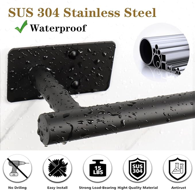 5 PCS Self Adhesive Bathroom Hardware Set, Stainless Steel Towel Rack Set Include 16In Bath Towel Bar+Toilet Paper Holder+3 Towel/Robe Hooks No Drill Bathroom Accessory Kit(Matte Black)