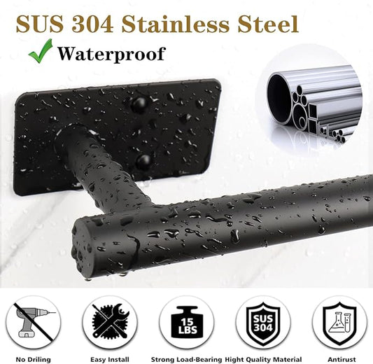 5 PCS Self Adhesive Bathroom Hardware Set, Stainless Steel Towel Rack Set Include 16In Bath Towel Bar+Toilet Paper Holder+3 Towel/Robe Hooks No Drill Bathroom Accessory Kit(Matte Black)