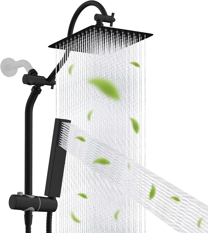 Hibbent 10'' Rainfall Shower Head with 4-mode Handheld Spray, Matte Black | cUPC Certified High Pressure Showerhead Combo, 12'' Adjustable Extension Arm, Extension Bar, Easy Reach Holder, 71'' Hose