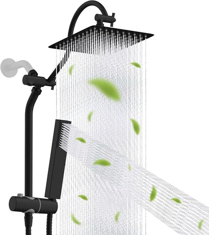Hibbent 10'' Rainfall Shower Head with 4-mode Handheld Spray, Matte Black | cUPC Certified High Pressure Showerhead Combo, 12'' Adjustable Extension Arm, Extension Bar, Easy Reach Holder, 71'' Hose