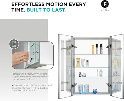 Bathroom Medicine Cabinet, Aluminum, Recessed/Surface Mount, 24" x 36", Right/Left Hinged, Mirrored Interior
