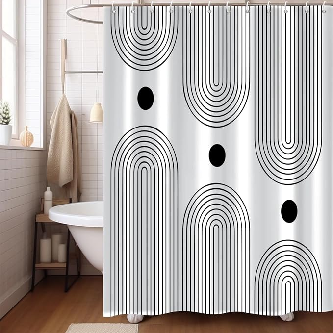 White and Black Extra Long Shower Curtain, Boho Minimalist Mid Century Modern Arch Geometric Machine Washable Waterproof Fabric for Bathroom Bathtub with Hooks 72Wx84H