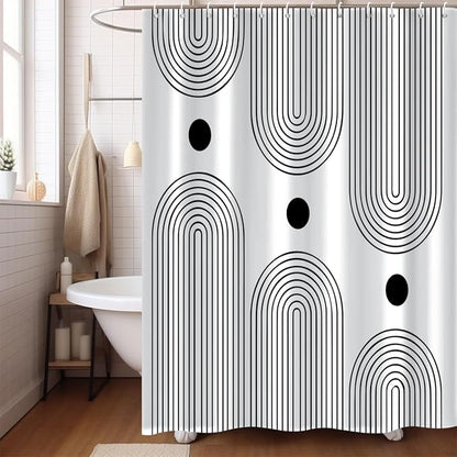 White and Black Extra Long Shower Curtain, Boho Minimalist Mid Century Modern Arch Geometric Machine Washable Waterproof Fabric for Bathroom Bathtub with Hooks 72Wx84H