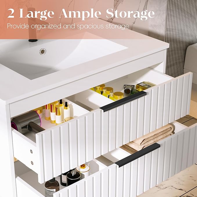 36" Bathroom Vanity with Sink, Floating Vanity Bathroom Sink Cabinet Wall Mount, Soft-Close Function 2 Large Drawers, Grooved Stripe Design, Hidden Damping Drawers, White