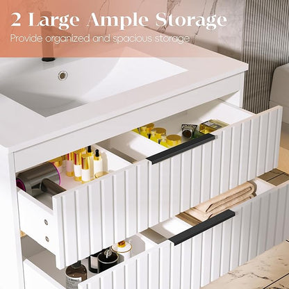 36" Bathroom Vanity with Sink, Floating Vanity Bathroom Sink Cabinet Wall Mount, Soft-Close Function 2 Large Drawers, Grooved Stripe Design, Hidden Damping Drawers, White