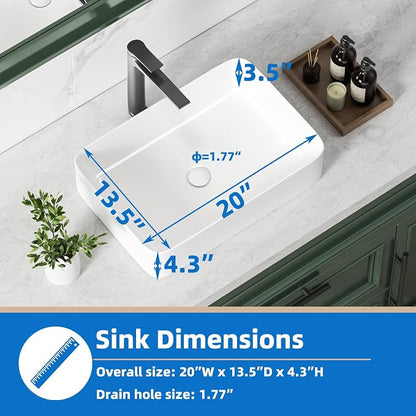 20" x 13.5" Rectangular Vessel Sink for Bathroom - KINGWONG Above Counter White Ceramic Porcelain Vanity Sink, Shallow Depth 4.3", No Overflow Hole, Top Mount Bathroom Basin for Modern Home