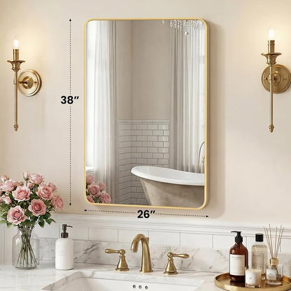 NEWBULIG Bathroom Mirrorfor Bathroom Sink, 26x38 Inch, Vanity Wall Mirror | Rectangle Metal Frame, Rounded Corners, Bedroom Entryway Hang, Horizontal or Vertical, Gold