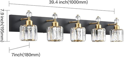 PRESDE 5-Light Crystal Bathroom Vanity Light, Modern Black and Gold Wall Sconce ， Wall Lamp for Over Mirror Bedroom Hallway